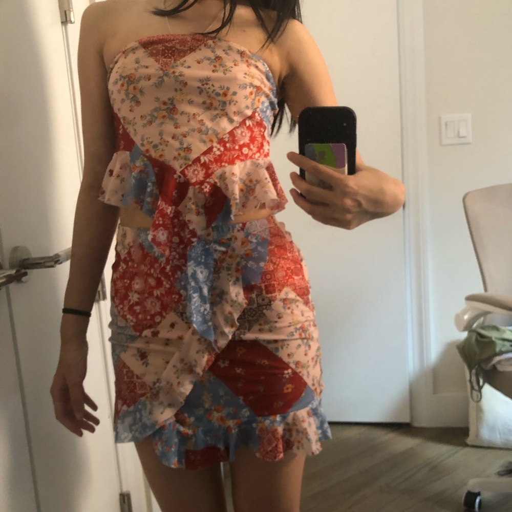 Floral blue/orange top and skirt